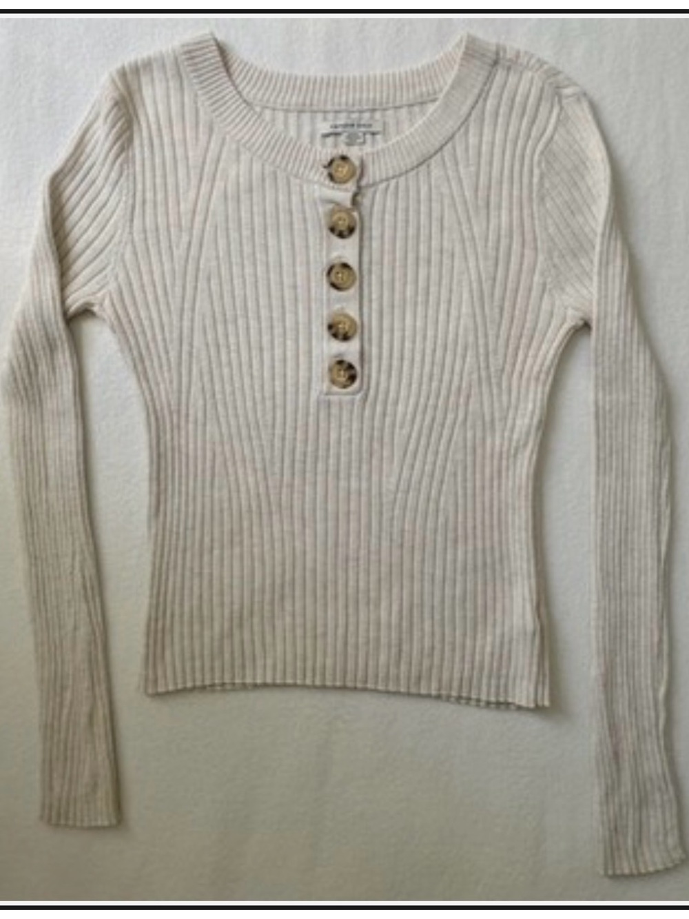 American Eagle Outfitters Cream Ribbed Long-Sleeve Henley Top with Wood Buttons